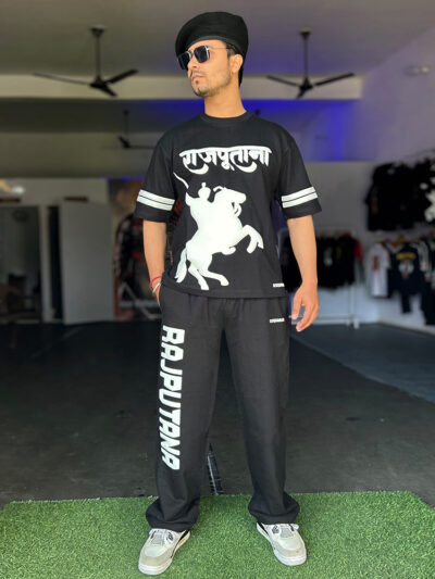 White Rajputana Oversized T-Shirt & Jogger Set with puff print warrior design