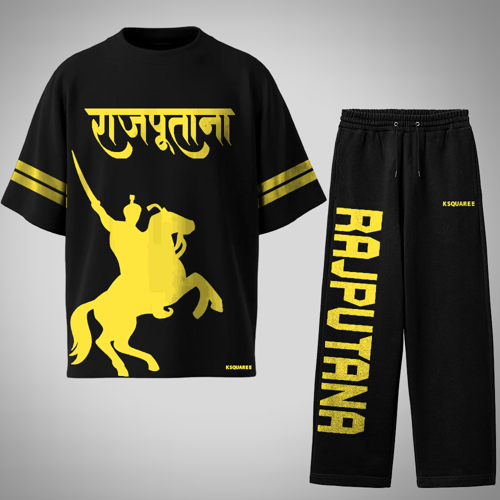 Yellow Rajputana Oversized T-Shirt & Jogger Set with puff print details