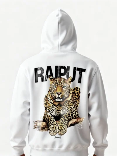 Rajput Leopard White Hoodie with Fierce Warrior Back Design by KSquaree