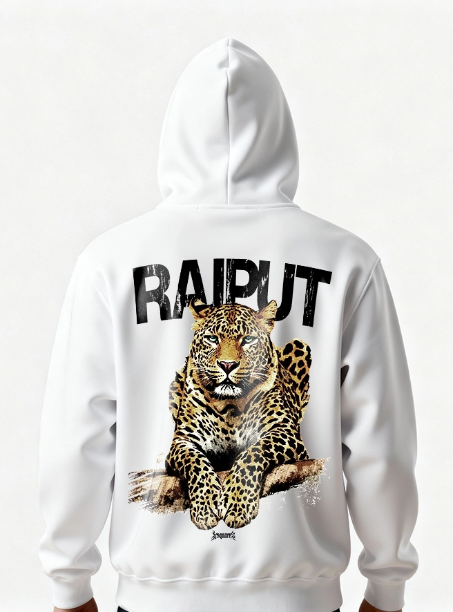 Rajput Leopard White Hoodie with Fierce Warrior Back Design by KSquaree