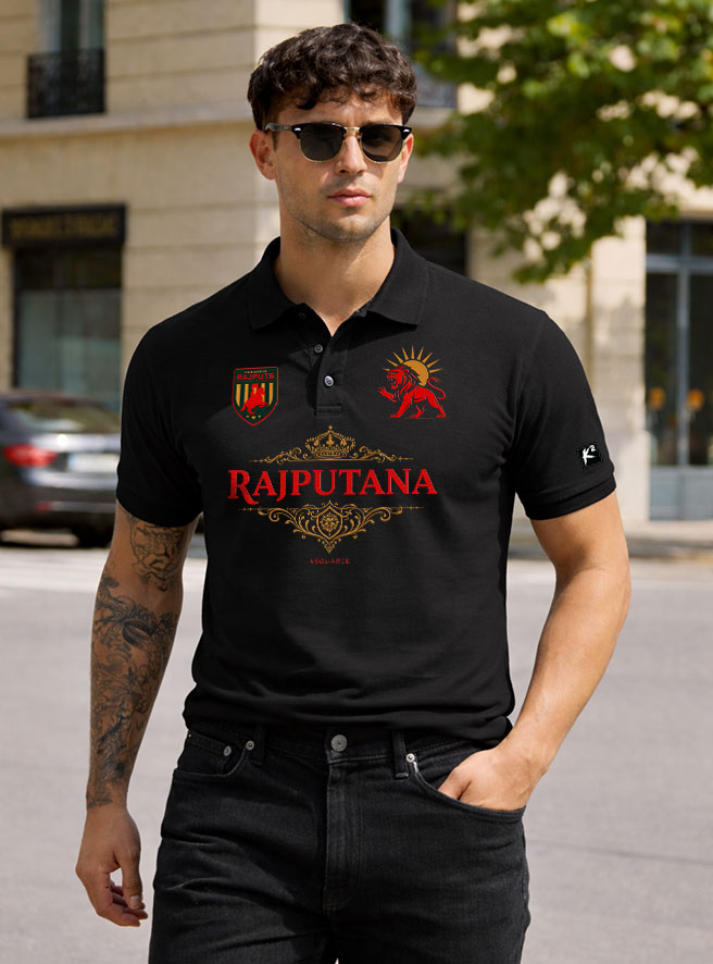Rajputana Premium Polo T-Shirt Black with Royal Lion Rajput Design by KSquaree