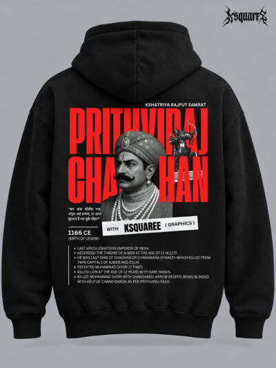 KSQUAREE Black Hoodie featuring Samrat Prithviraj Chauhan Graphic Print with Rajputana History Facts