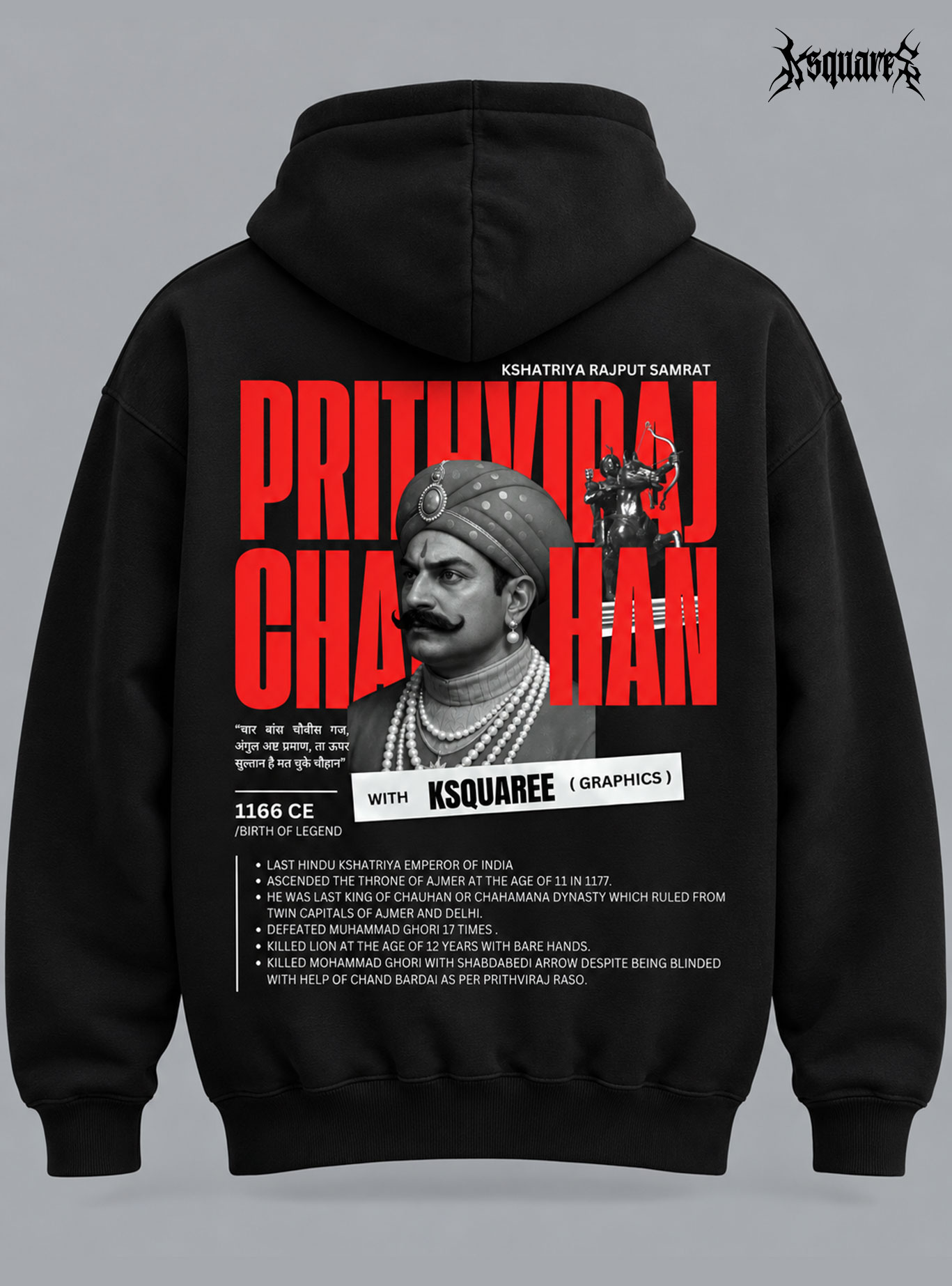 KSQUAREE Black Hoodie featuring Samrat Prithviraj Chauhan Graphic Print with Rajputana History Facts