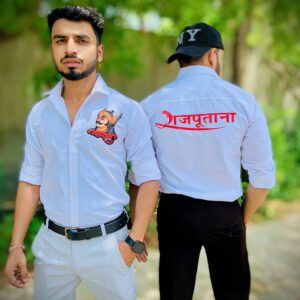White Rajputana Shirt with Maharana Pratap Design – Traditional Rajput Wear