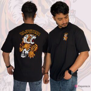 Tiger with Skull Rajputana Printed Over Size Terry Cotton T-Shirt