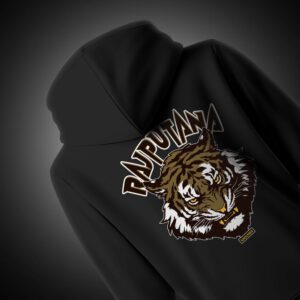 Rajputana Tiger Face Hoodie with bold tiger design for winter wear.