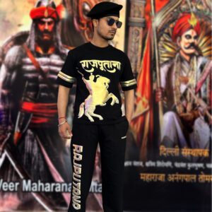 Premium Golden Rajputana Oversized T-Shirt & Jogger Set with raised puff print Rajputana design, perfect for Kshatriya warriors.