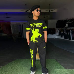 Emerald Green Rajputana Oversized T-Shirt & Jogger Set with bold puff print detailing, symbolizing royal warrior heritage.