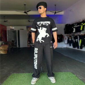 White Rajputana Oversized T-Shirt & Jogger Set with puff print warrior design, showcasing Rajputana legacy.