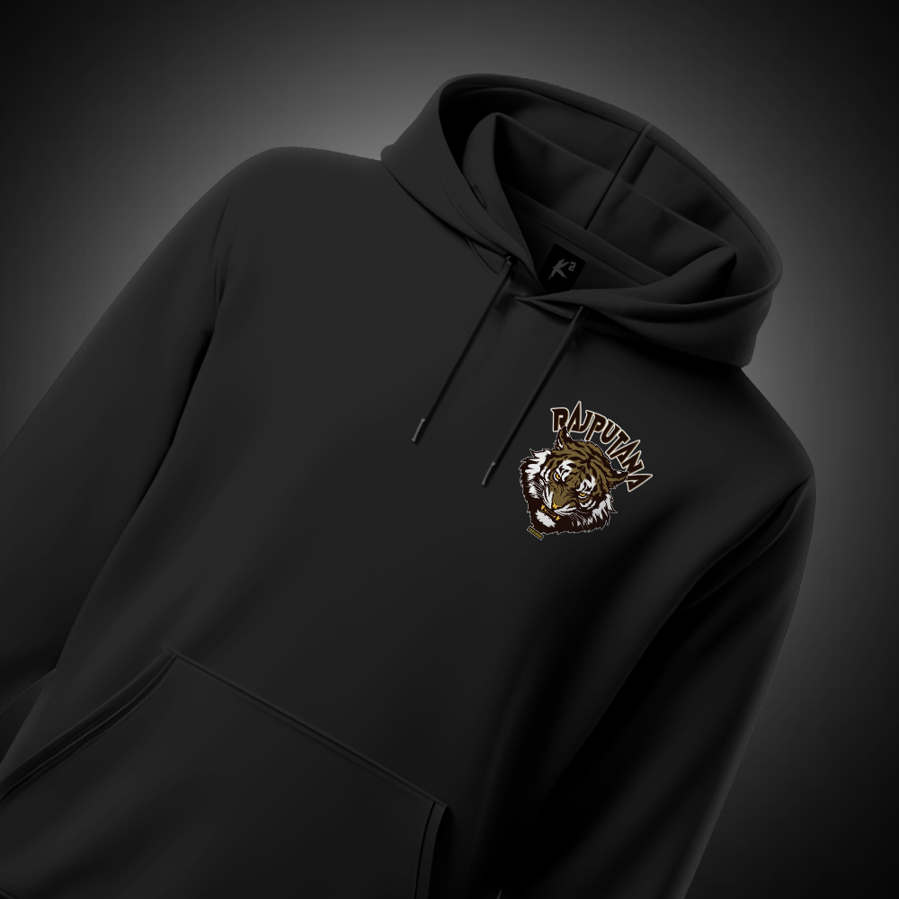 Rajputana Tiger Face Hoodie with bold tiger design for winter wear.