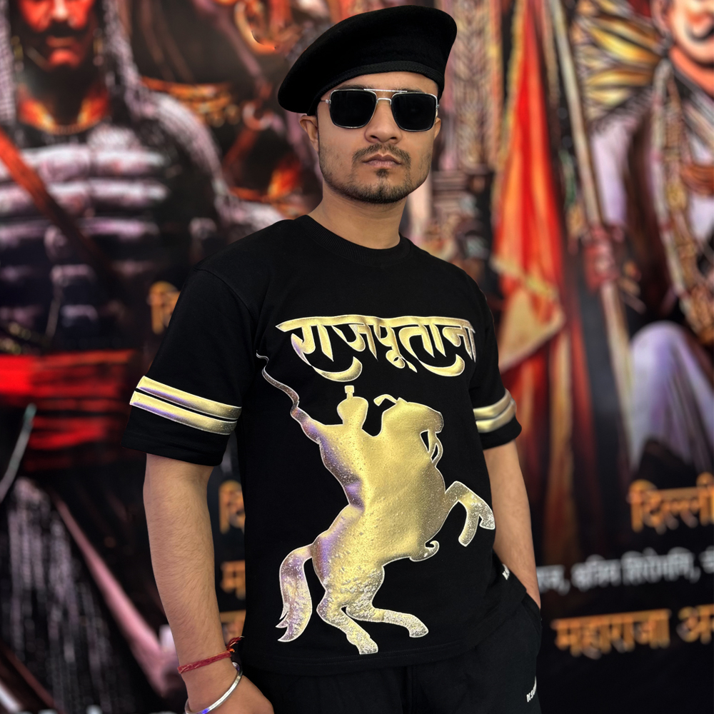 Premium Golden Rajputana Oversized T-Shirt & Jogger Set with raised puff print Rajputana design, perfect for Kshatriya warriors.