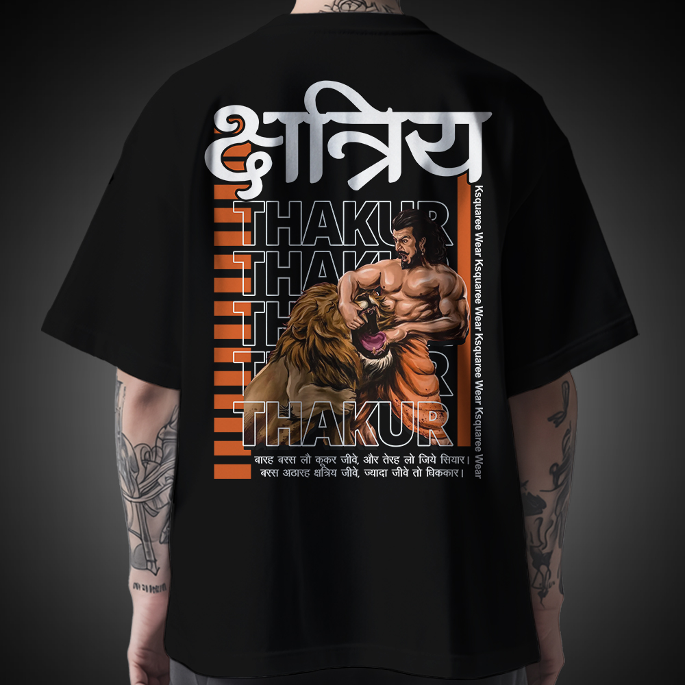 Kshtriya Oversize T-Shirt with Rajputana Back Print and Chest Logo for Men – Black and White