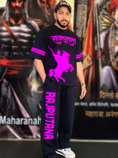 Lavender Rajputana Oversized T-Shirt & Jogger Set with bold puff print Rajputana artwork