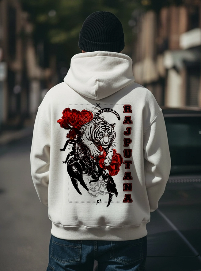 Rajputana Scarlet Scorpion Hoodie with Tiger and Scorpion Warrior Design by KSquaree