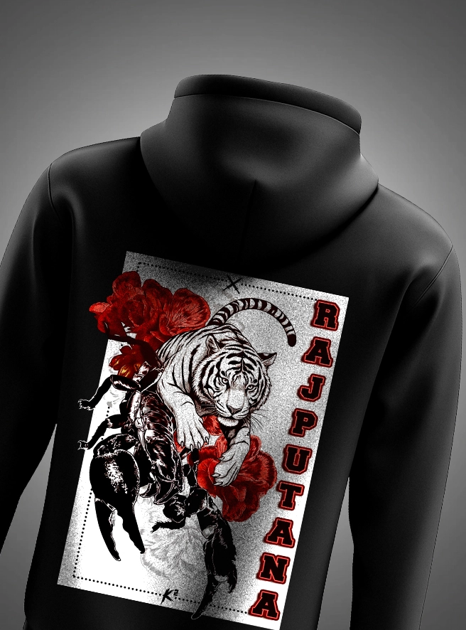 Rajputana Scarlet Scorpion Hoodie with Tiger and Scorpion Warrior Design by KSquaree
