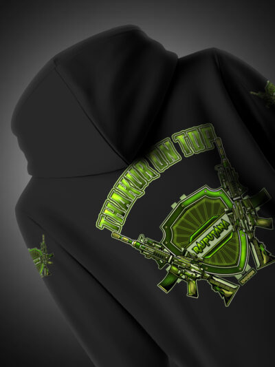 Thakur On Top Hoodie with gun graphic design for bold winter wear.