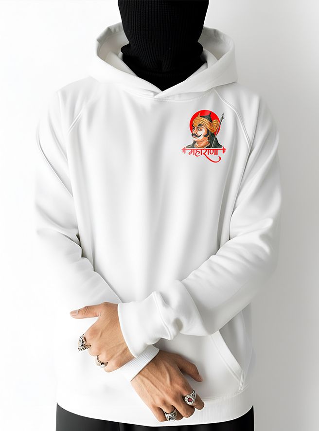 Maharana Pratap White Hoodie – Rajputana Warrior Design by KSquaree
